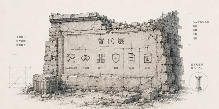展示 AI 活动、可见性、清单、治理、记录、注册与保存之间递进关系的架构插图。